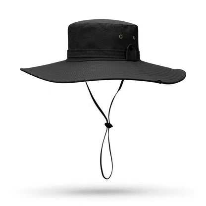 Foldable Wide Brim UV Sun Hat with Wind Strap for Fishing Hiking - Black