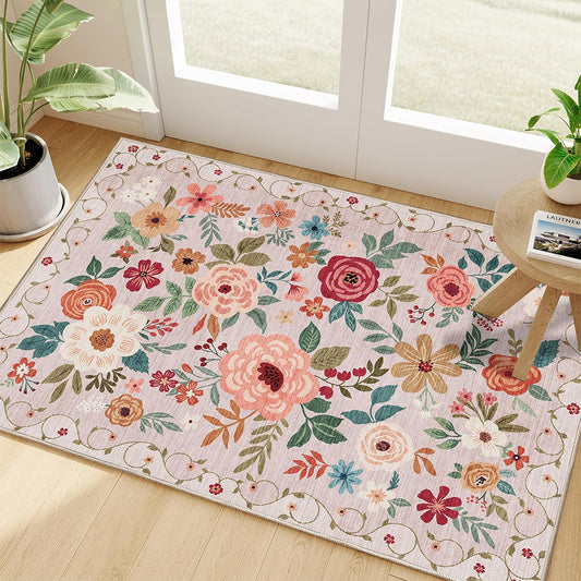 Vintage Floral Washable Door Mat Non Slip Entryway Rug for Entryway Kitchen-Pink