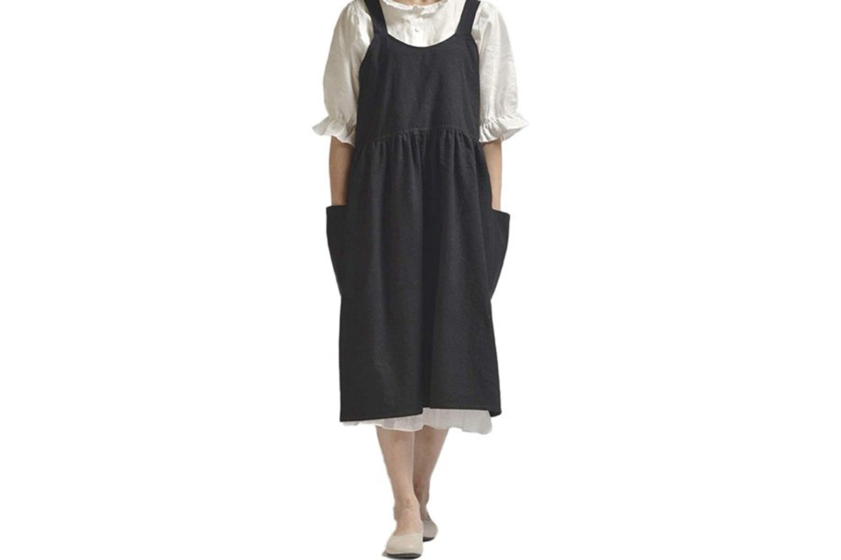 Cotton Linen Aprons Cross Back Apron with Pockets for Women with Pockets Pinafore Dress for Baking Cooking-Black