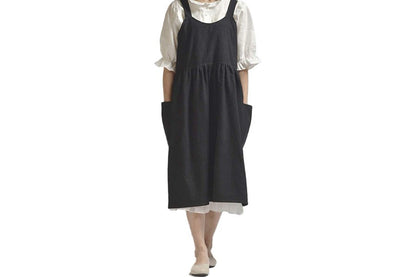 Cotton Linen Aprons Cross Back Apron with Pockets for Women with Pockets Pinafore Dress for Baking Cooking-Black