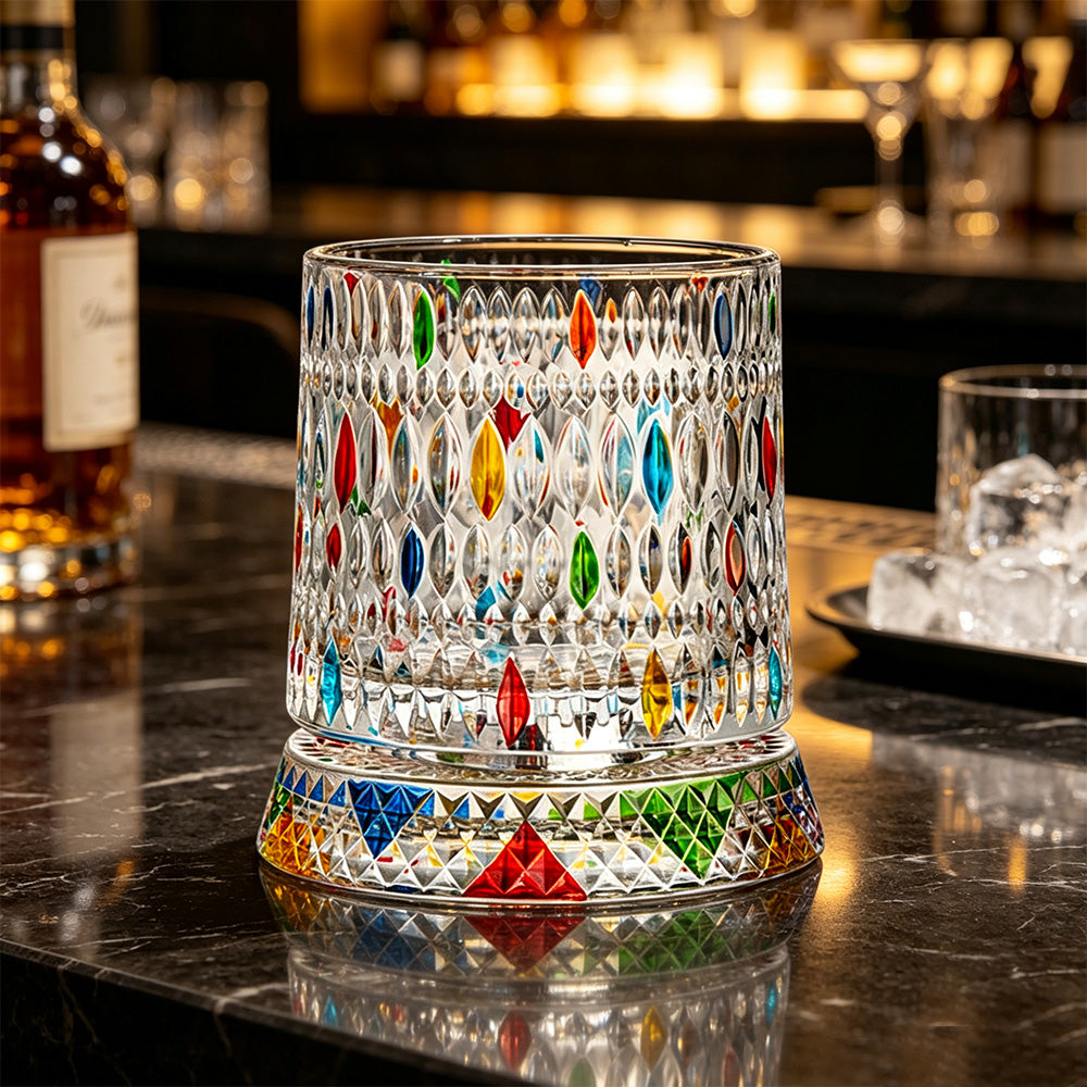 270ml Rotating Whiskey Glass Hand Painted Whiskey Tumbler - Round