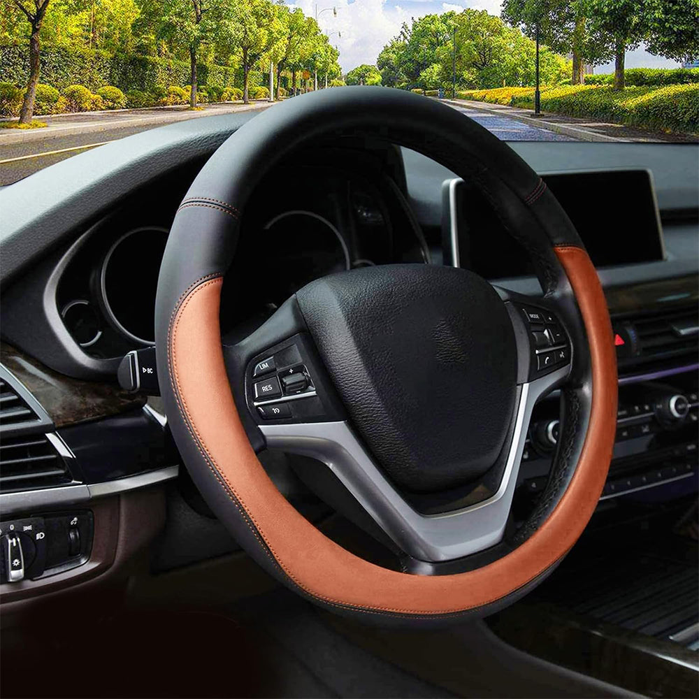 37-38cm Microfiber Leather Steering Wheel Cover-Coffee