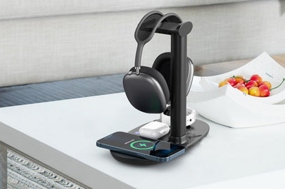 Wireless Charging Station 4-in-1 Qi Fast Charger Charging Dock Stand for iPhone Samsung Galaxy -Black