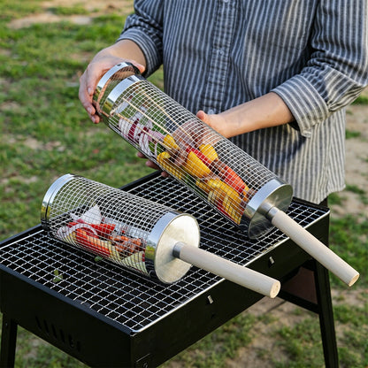 2 Pack Rolling Grill Basket with Wooden Handle