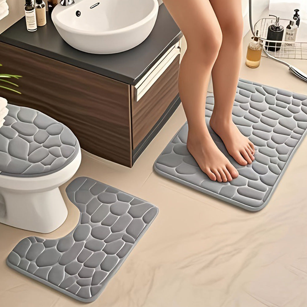 3 Piece Set Bathroom Mats Pebble Pattern Floor Mat Gray