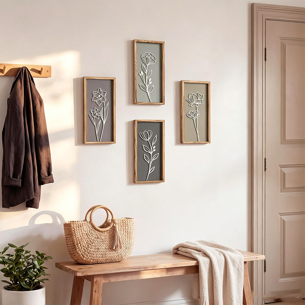 4 Piece Set Wood Frame Floral Hollow Out Wall Art