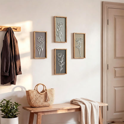 4 Piece Set Wood Frame Floral Hollow Out Wall Art