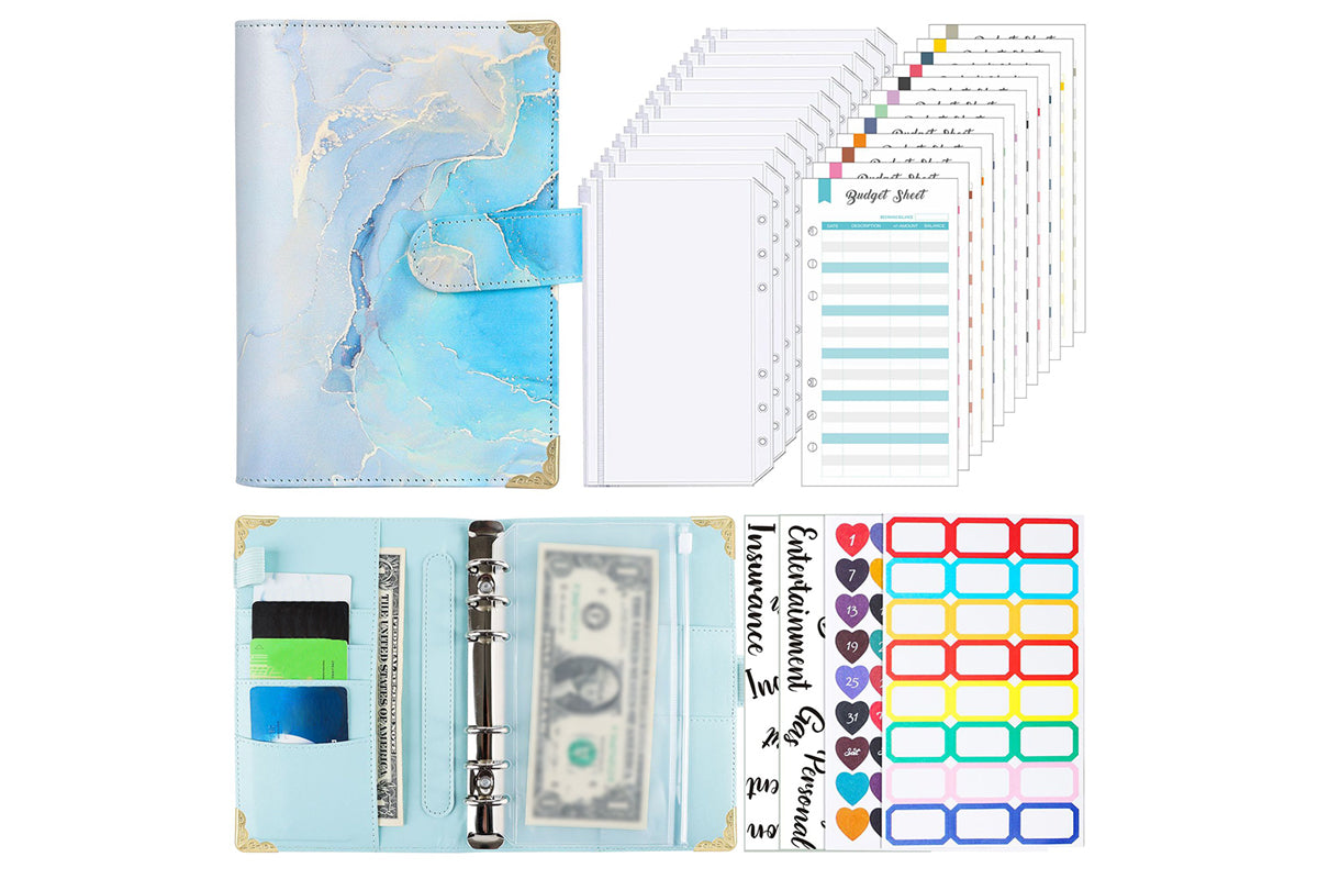 PU Leather Binder Money Organizer Cash Envelopes With 12 Zipper-Light Blue