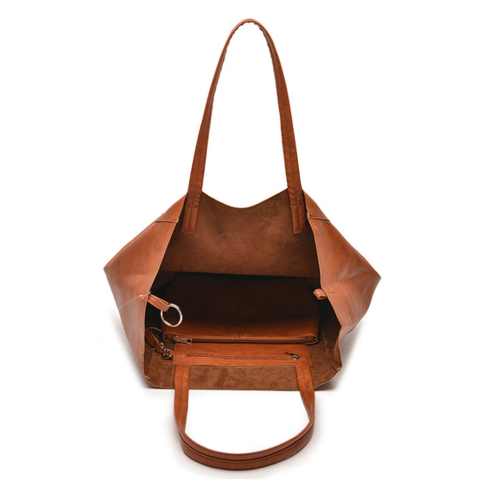 PU Leather Travel Tote Bag and Cosmetic Bag Set Large Handbag for Women Brown