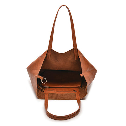 PU Leather Travel Tote Bag and Cosmetic Bag Set Large Handbag for Women Brown