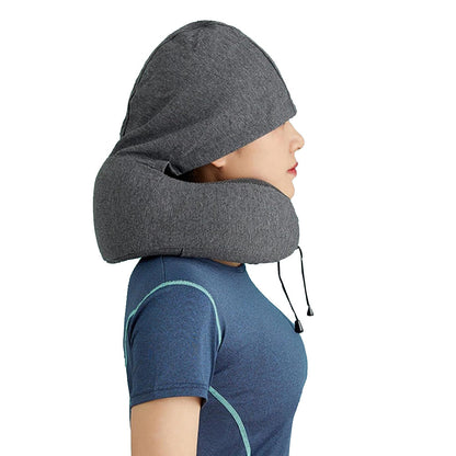 Travel Neck Pillow Hooded U Shaped Neck Cushion for Airplane Car Rest Dark Gray