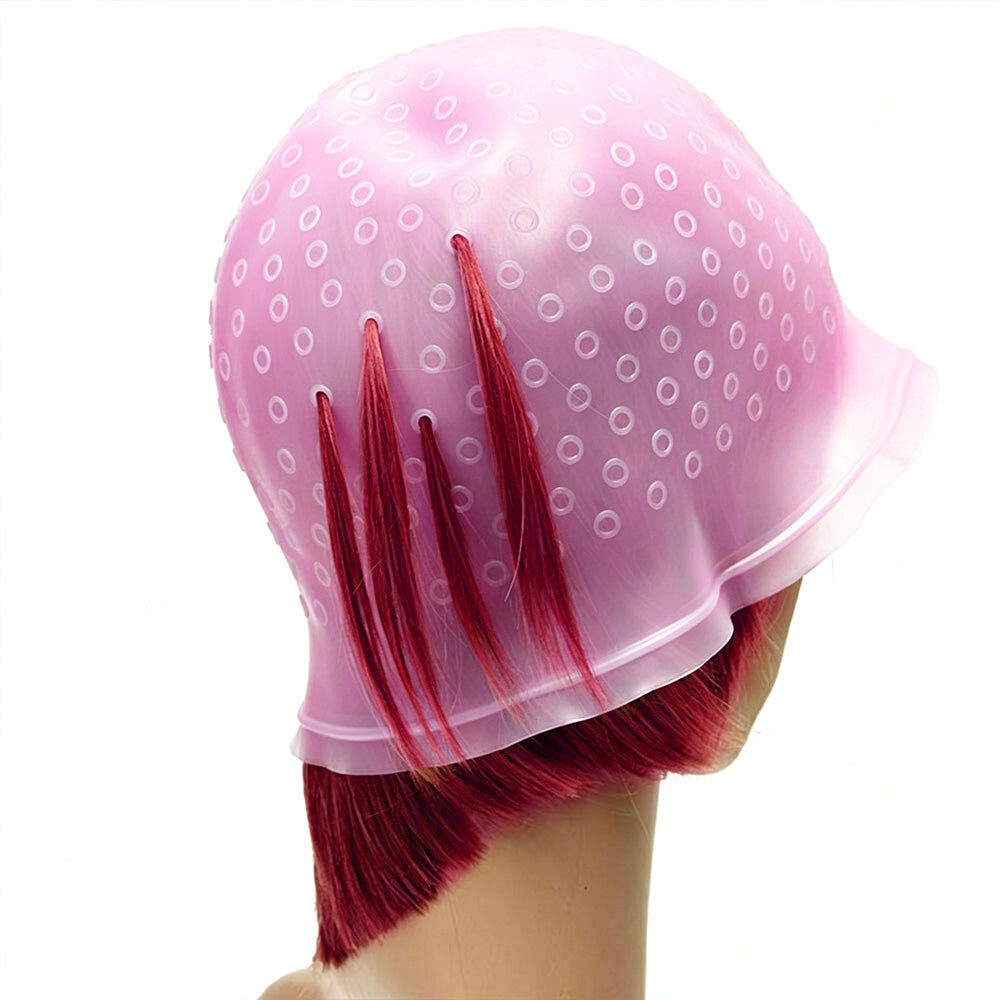 Reusable Silicone Hair Highlighting Cap with Stainless Steel Hook-Pink