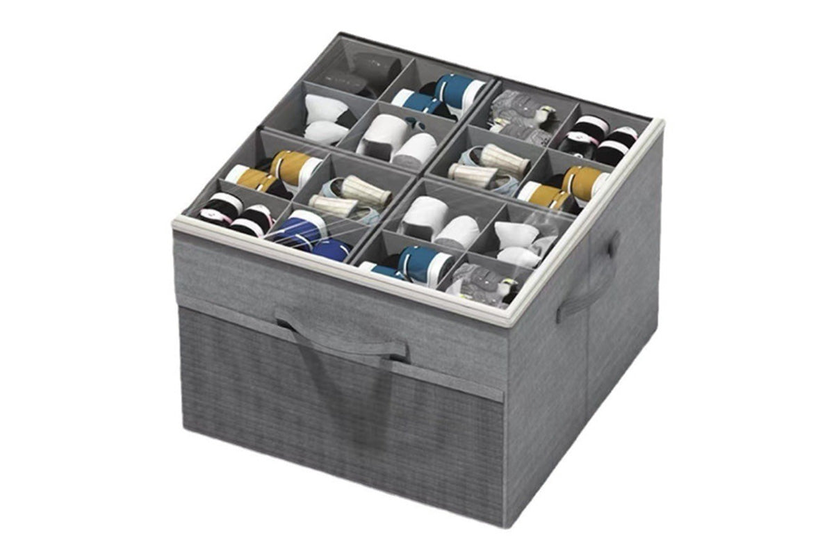 Shoe Organizer Foldable Shoe Storage Containers with Dividers and Lid -Grey