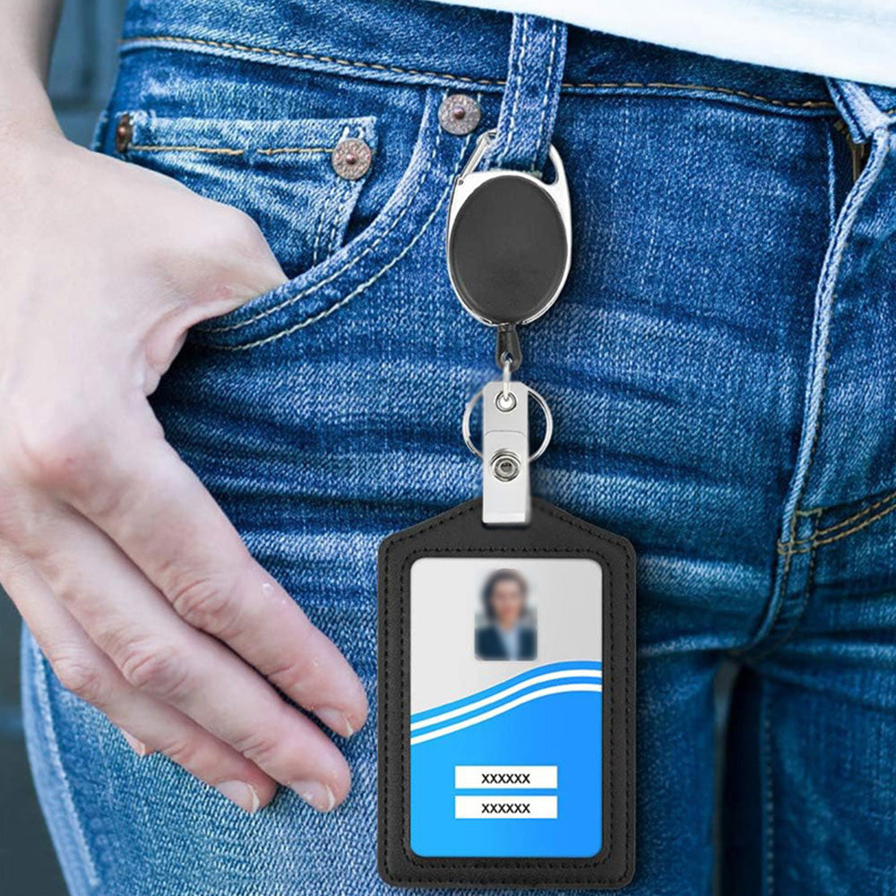 2Pcs PU ID Card Holder with Retractable Badge Reel