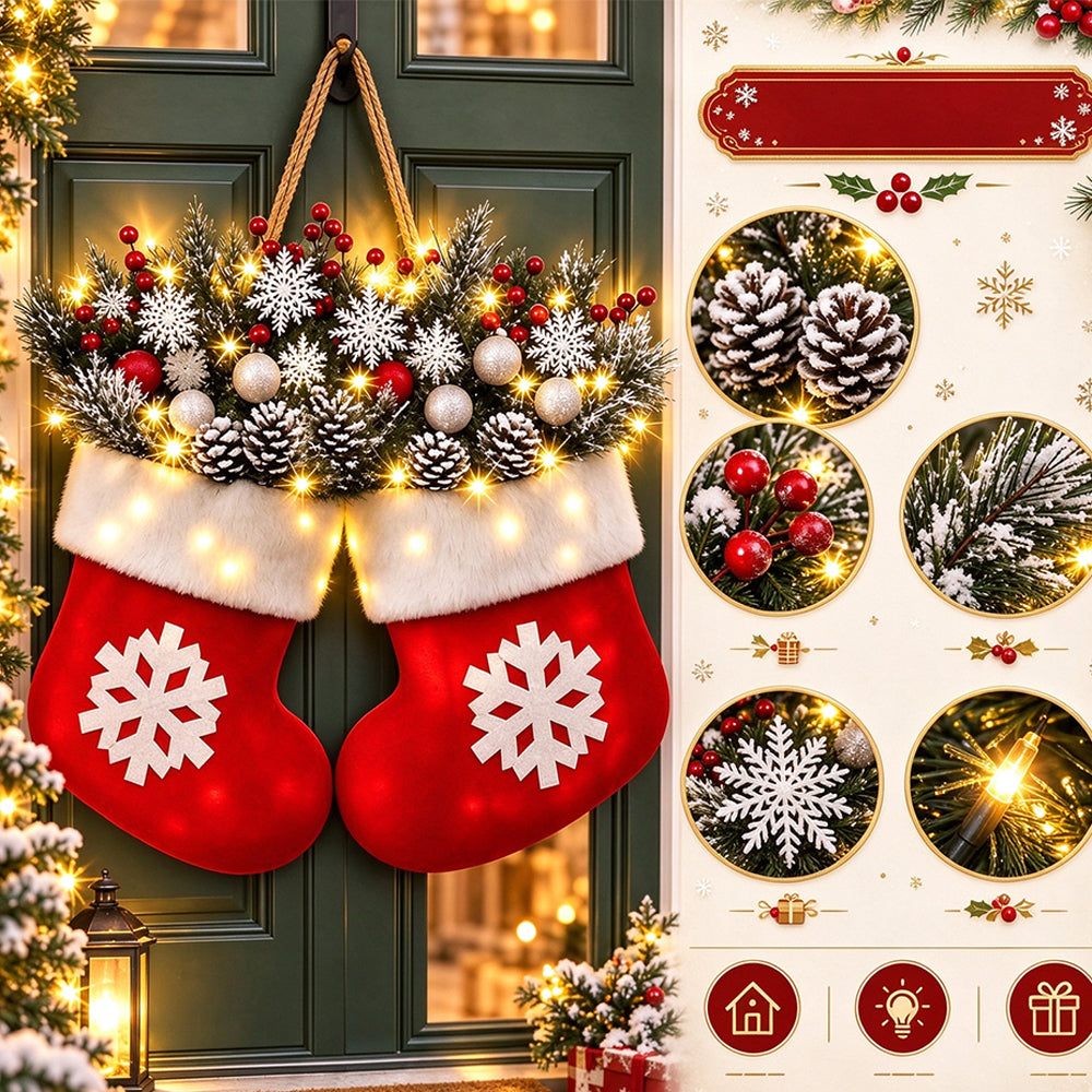 Christmas Wreath Sock Shape with Warm Light Door Hanging Decor