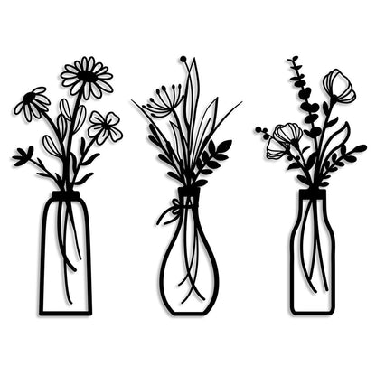 3Pcs Set Metal Flowers Wall Arts Minimalist Wall-Mount Flower Decors for Home Office Black