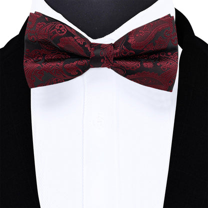 Men's Paisley Pre Tied Bow Tie Set 4-Piece with Pocket Square Cufflinks Red
