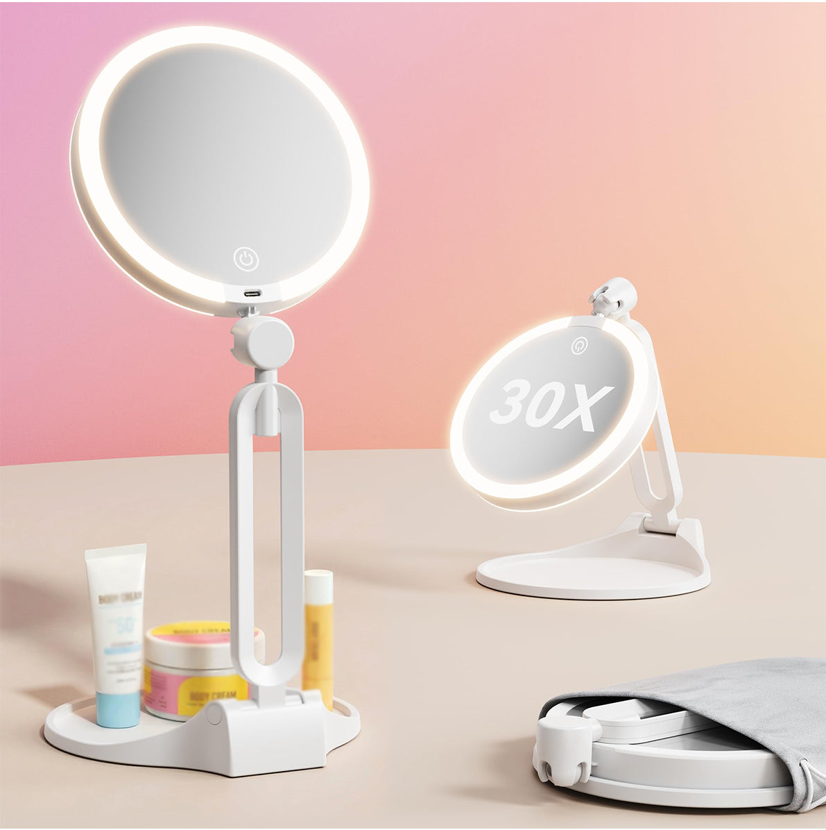 Portable Folding Double Sided LED Magnifying Makeup Mirror - White