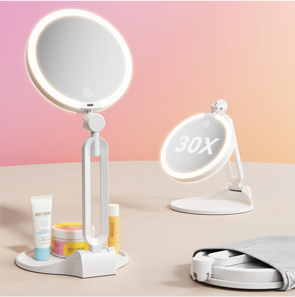Portable Folding Double Sided LED Magnifying Makeup Mirror - White