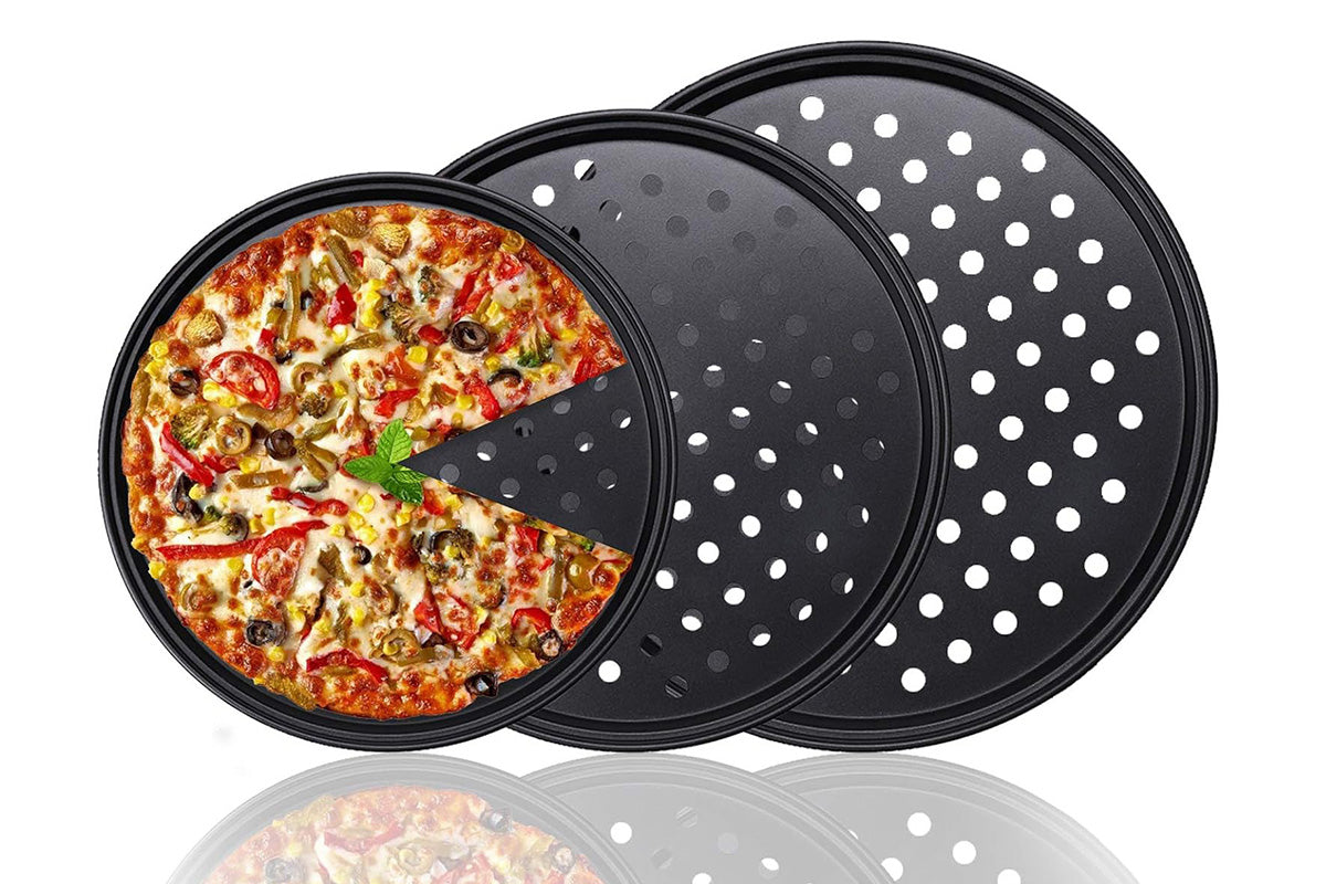 Pizza Pan Non Stick Crisper Tray Carbon Steel Round Oven Bakeware with Holes -28cm