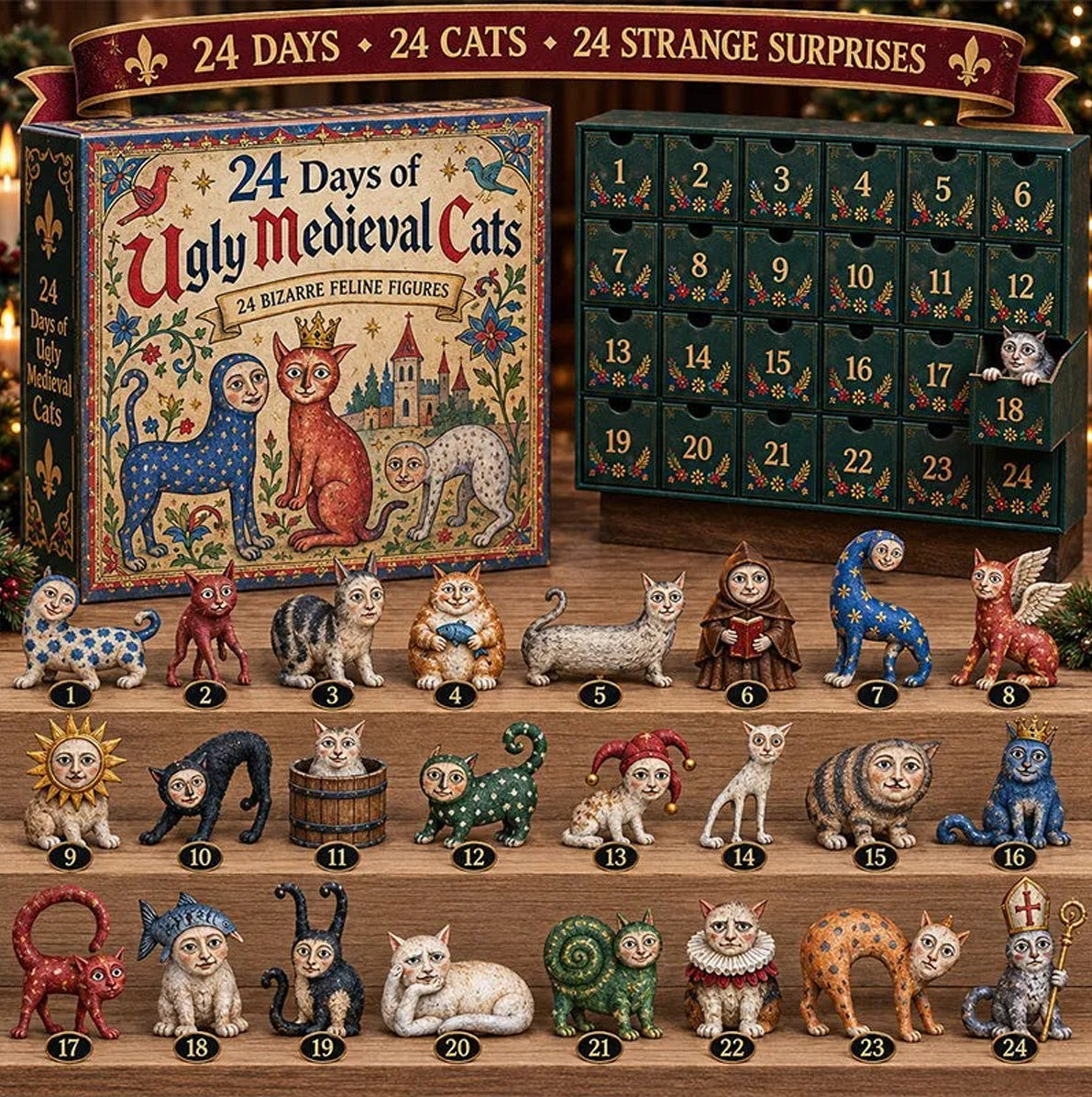 Medieval Cat 24 Day Christmas Advent Calendar with 3D Cat Figures for Adults