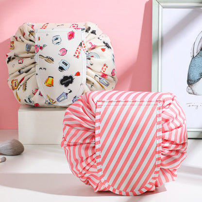 Printed Cosmetic Storage Bag Drawstring Make-Up Travel Bag Makeup Tools Organizer Folding Cosmetic Bag -Pink Stripe