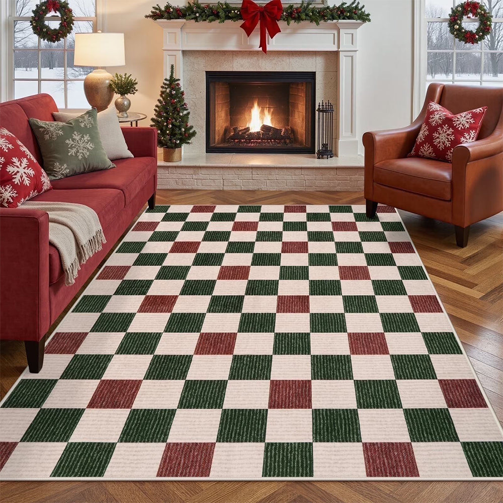 Christmas Plaid Short Pile Rug with Non Slip Rubber Backing - Red and Green