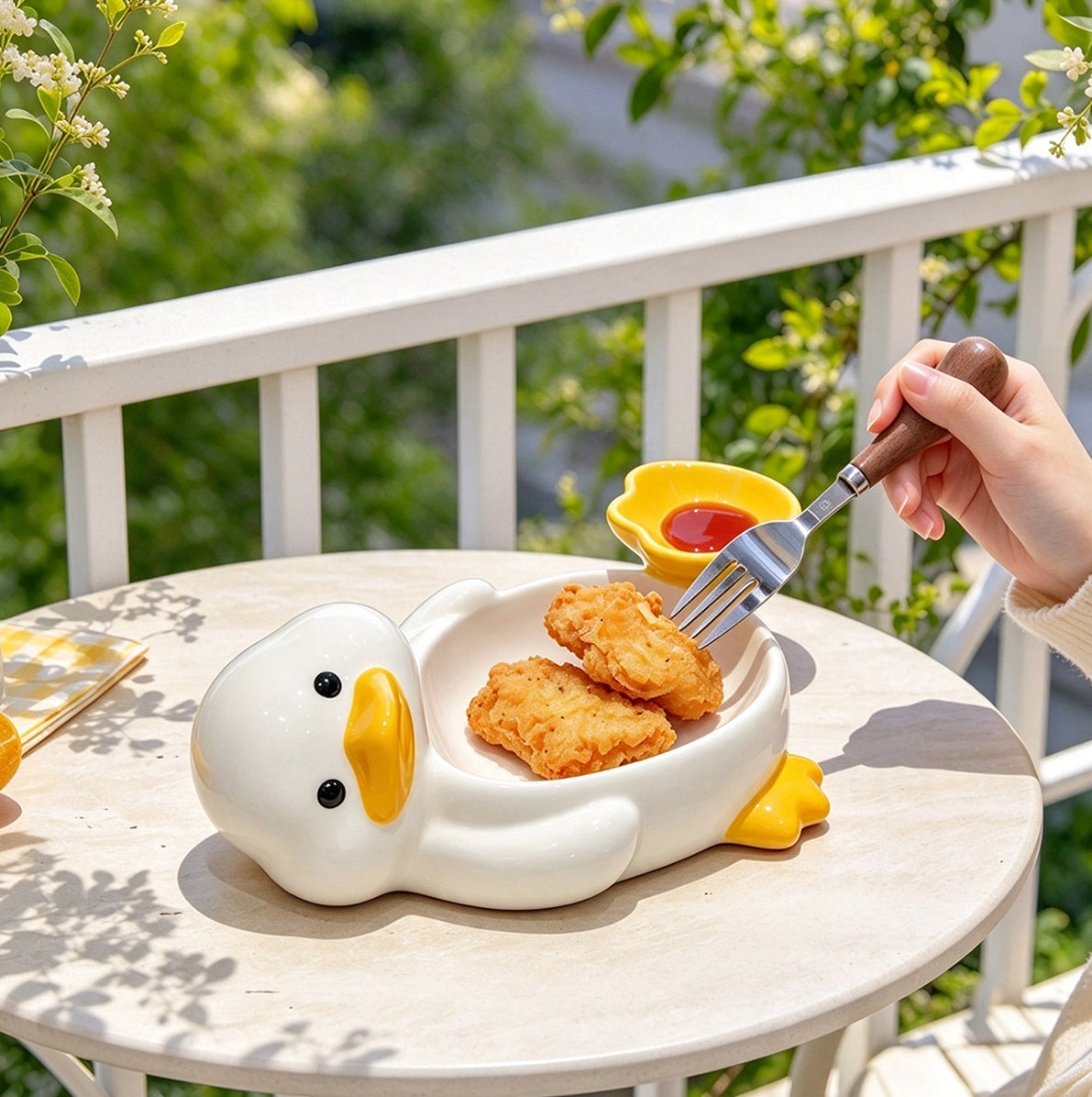 Ceramic Duck Shaped Snack Bowl with Built In Dipping Sauce Compartment