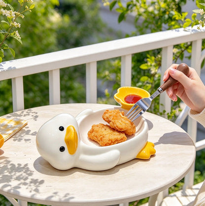 Ceramic Duck Shaped Snack Bowl with Built In Dipping Sauce Compartment