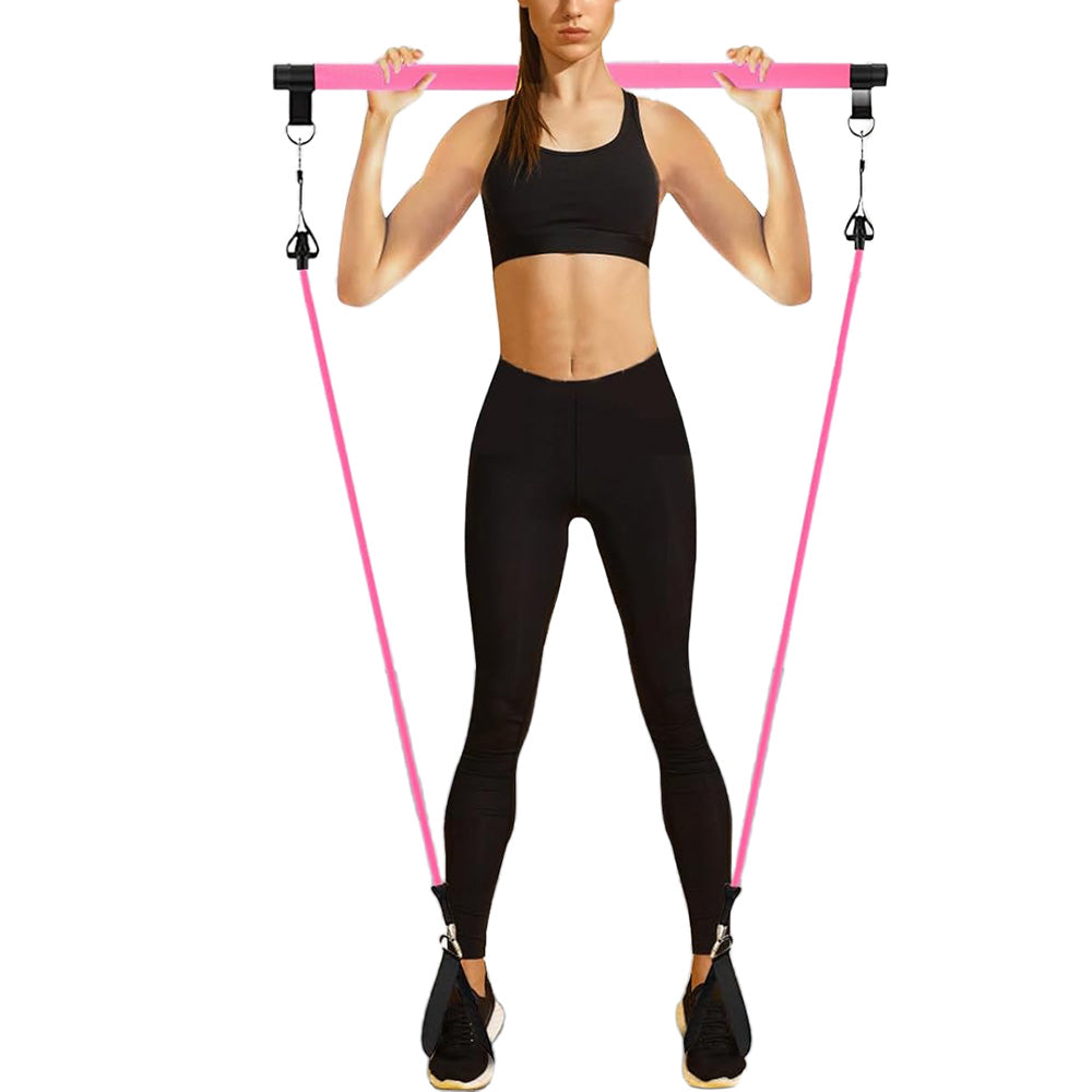 Multifunctional Pilates Bar Kit with Resistance Bands Portable Home Gym Core Strength Training Exercise Accessories Pink