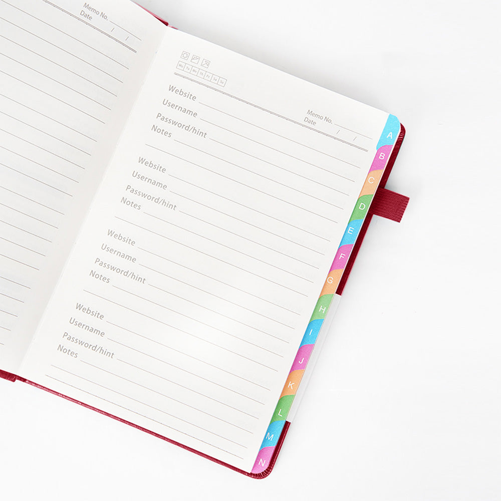 Password Keeper Book with A to Z Alphabet Tabs and Elastic Closure - Red