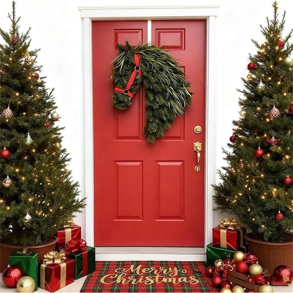 Christmas Horse Head Wreath Artificial Pine Pinecone Door Decor 35x45cm