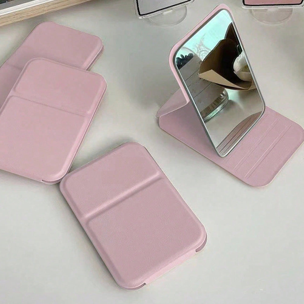 2-Pack Foldable PU Leather Makeup Mirror Medium Portable Travel Vanity Pink