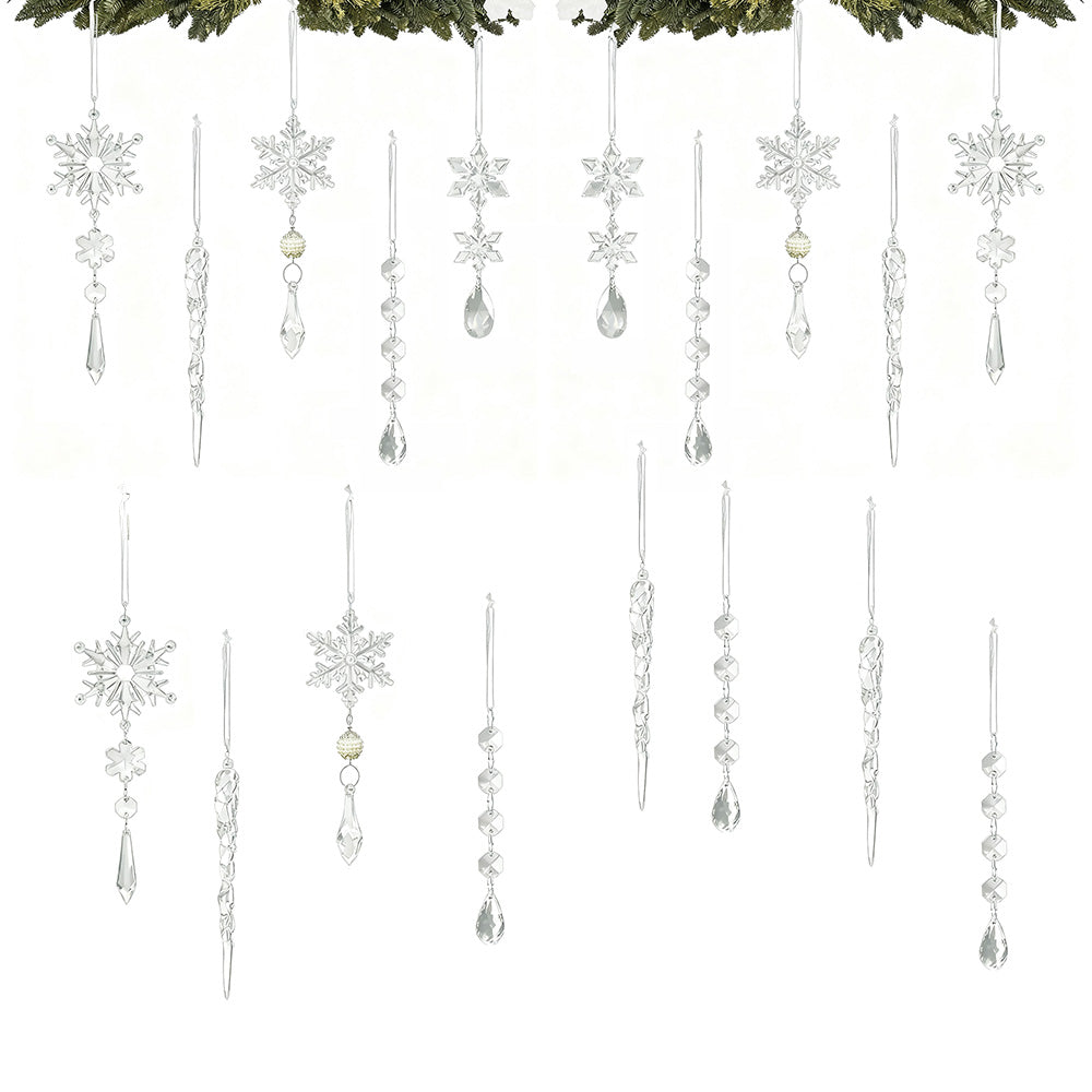 18PCS Hanging Acrylic Snowflake & Icicle Ornaments for Christmas Tree Decor Clear