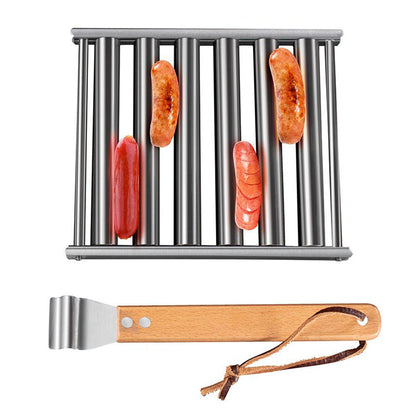 Hot Dog Roller for Girll Stainless Steel Sausage Roller Rack with Handle and 4 BBQ Skewers