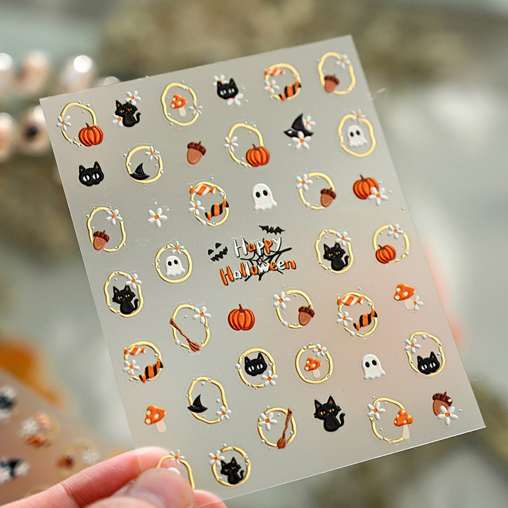 2 Sheets Halloween Nail Art Stickers Self-Adhesive Nail Decals with Pumpkin Cat Ghost Designs