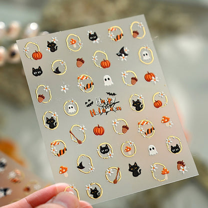 2 Sheets Halloween Nail Art Stickers Self-Adhesive Nail Decals with Pumpkin Cat Ghost Designs