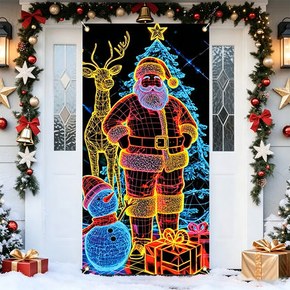 90x180cm 2D UV Reactive Christmas Glow Door Curtain - Santa Claus and Deer
