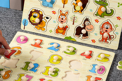 4 Sets Wooden Peg Puzzle for Girls Boys with Alphabet Animal Dinosaur Vehicle