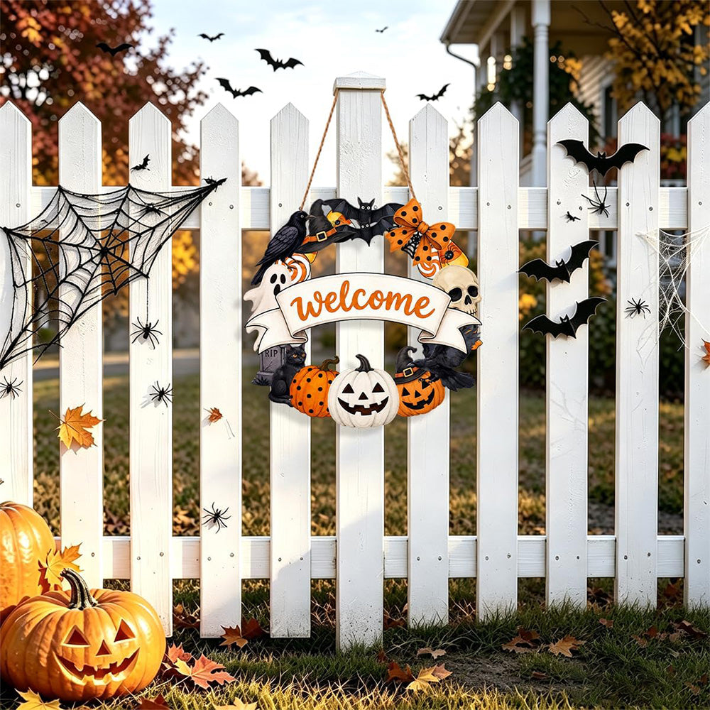 2 Pack Engineered Wood Halloween Ghost Pumpkin Hanging Door Signs - Welcome