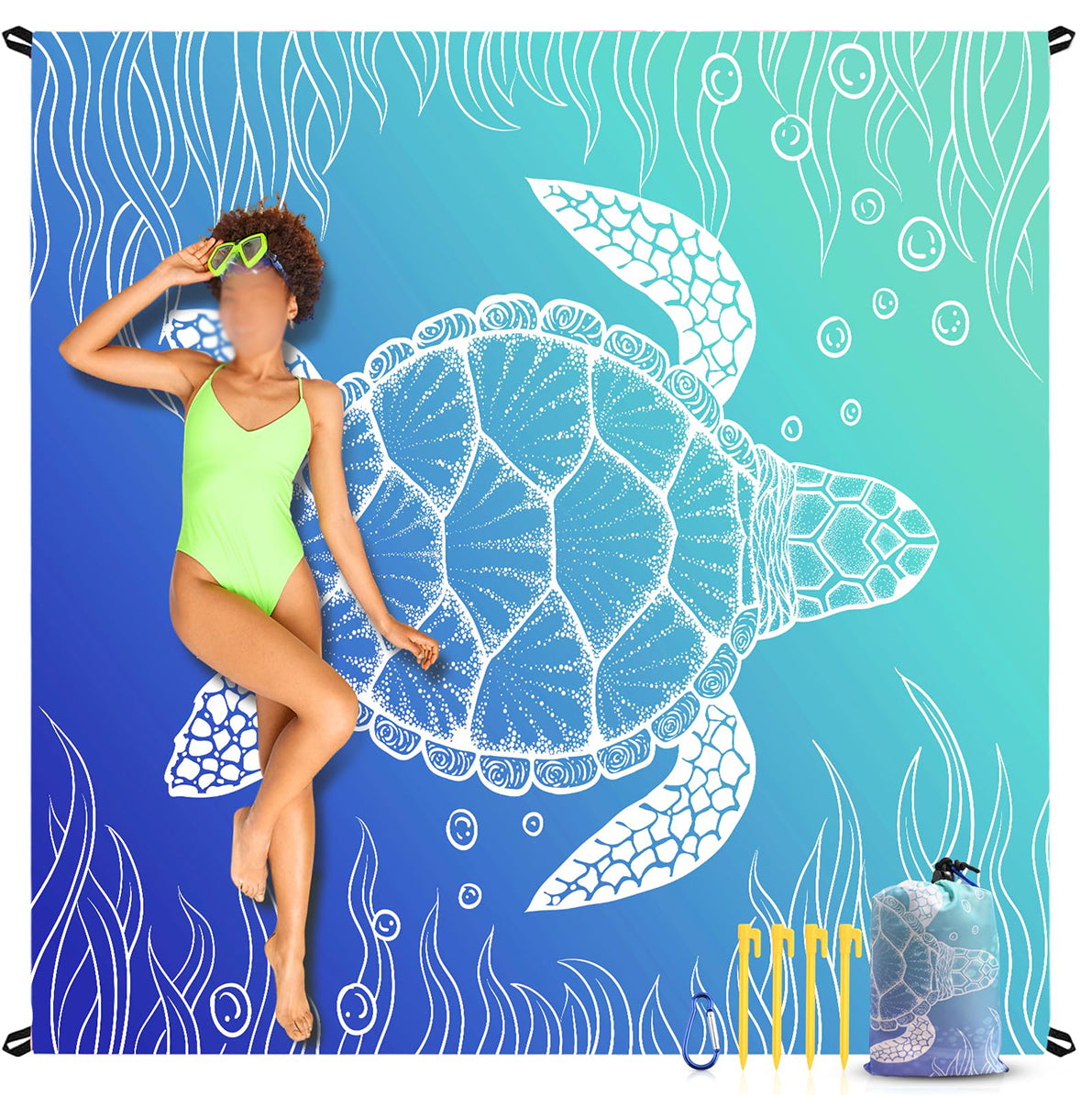 Waterproof Beach Mat Picnic Blanket with Stakes - Blue
