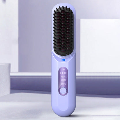 Cordless Hair Straightener Brush Mini Anion Hot Straightener Comb with LED Display Purple