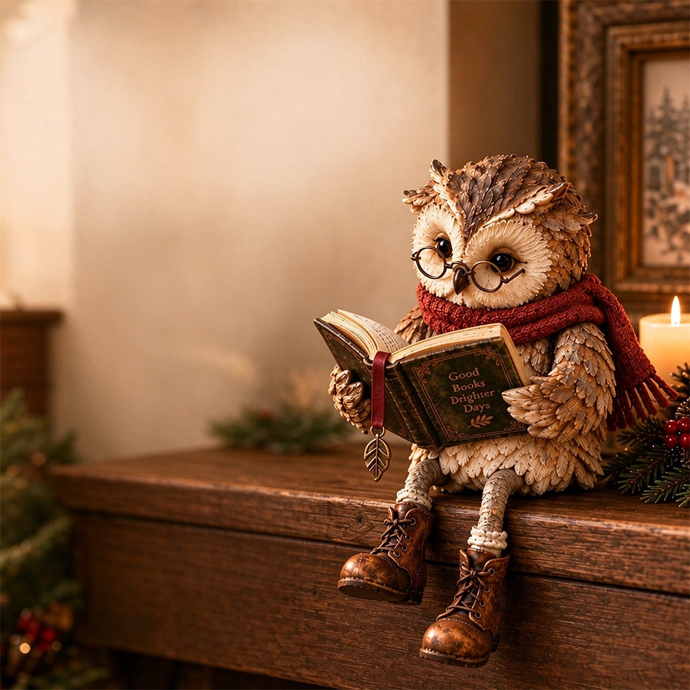 Reading Owl Figurine Resin Cute Whimsical Bookshelf Decor for Mantel Desk