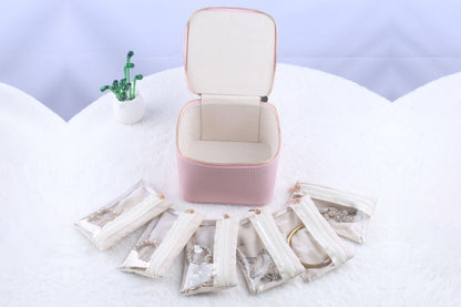 Travel Jewelry Case Small Jewelry Box with 6 Transparent Zipper Pockets-Pink