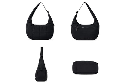Puffer Crescent Shoulder Bag for Women Quilted Handbag with Adjustable Strap -Black