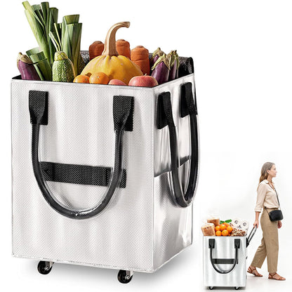 Reusable Grocery Bag Foldable Rolling Shopping Tote Bag - Silver