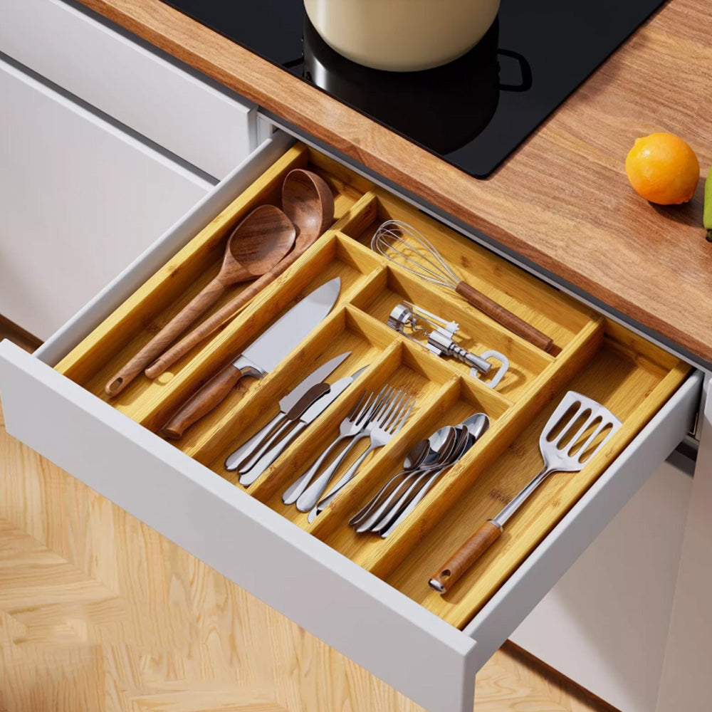 Expandable Drawer Organizer for Cutlery and Utensils Adjustable Bamboo Flatware Tray Kitchen Tool
