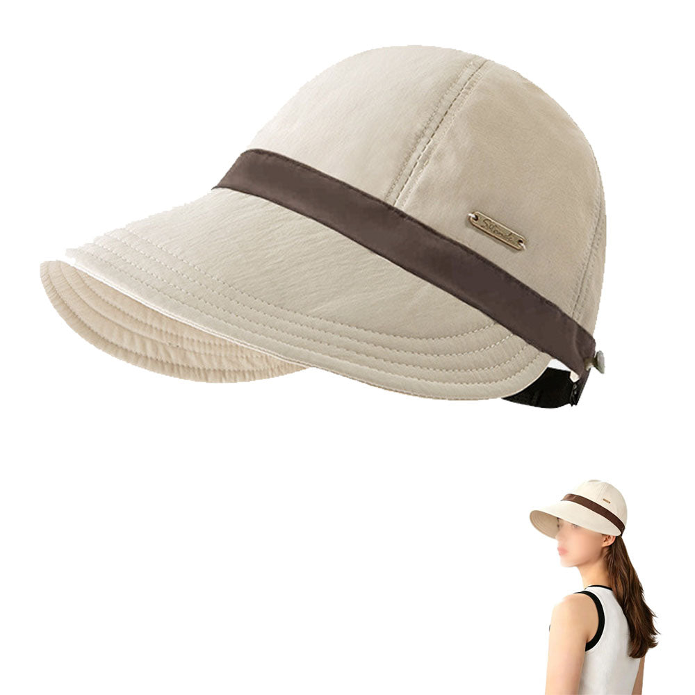 Womens Wide Brim Ponytail Sun Hat Breathable Beach Capp - Beige