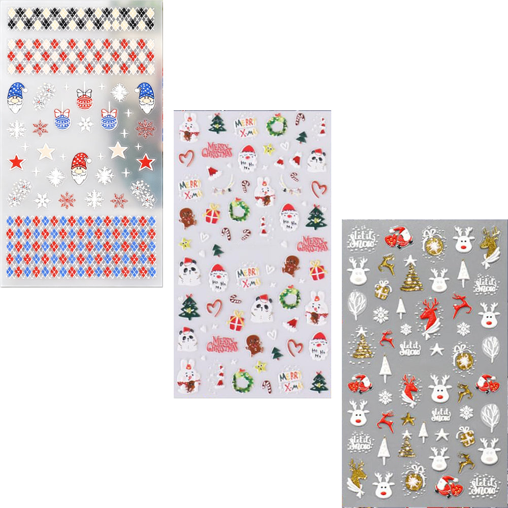 3 Sheet 5D Embossed Christmas Nail Art Sticker Set