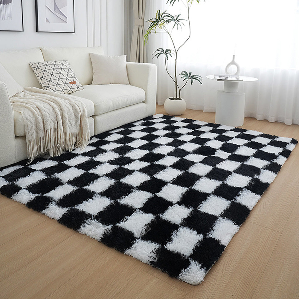 Checkered Plush Shaggy Rug Thickened Non Slip Carpet for Living Room Bedroom-Black